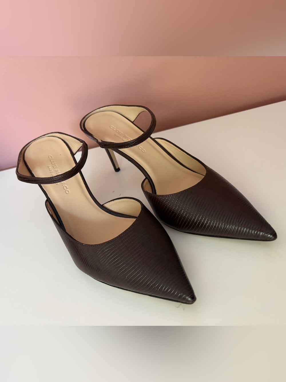 Club Monaco Dark Brown Pointed-Toe Ankle-Strap Heels